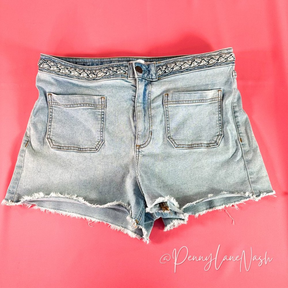 LC Lauren Conrad Crystal Braided High Waist Cut Off Denim Shorts - Picture 4 of 12